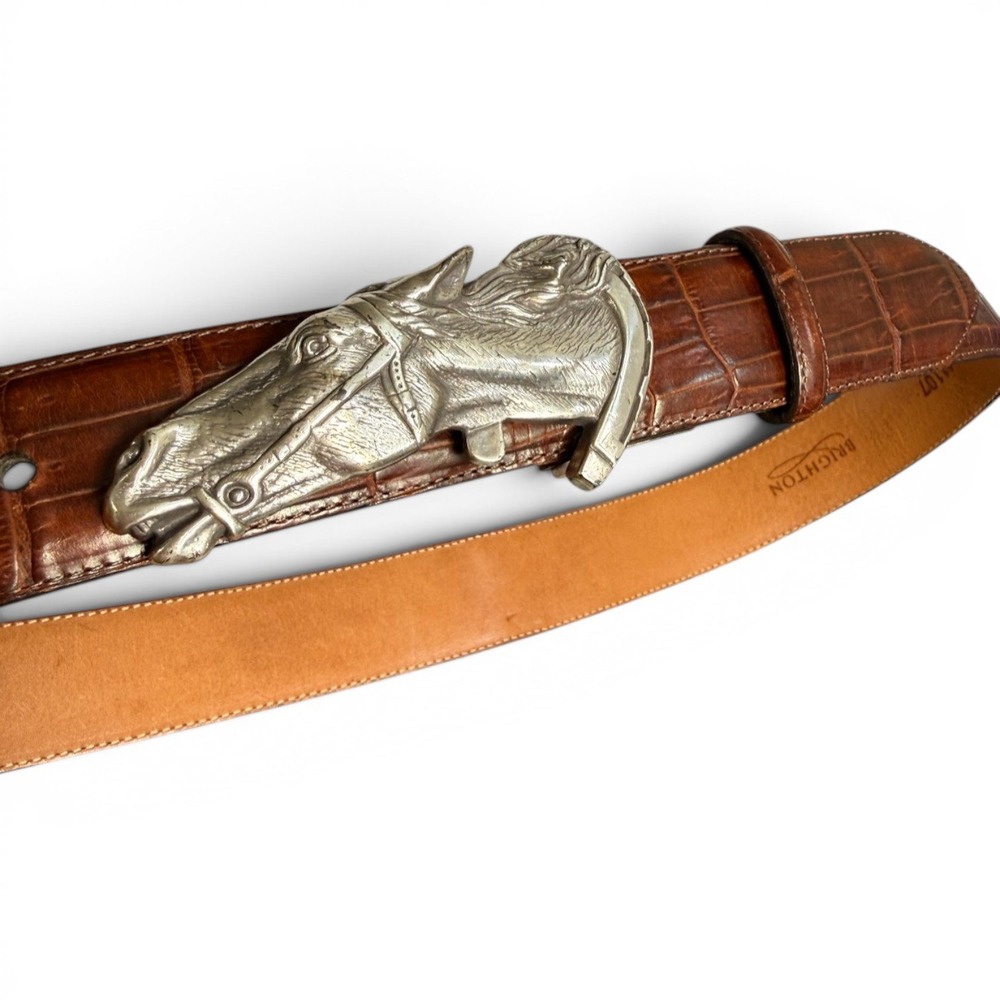 VTG 1993 Brighton Belt Silver Horse Head Buckle Womens L Brown Embossed Leather - Picture 3 of 11